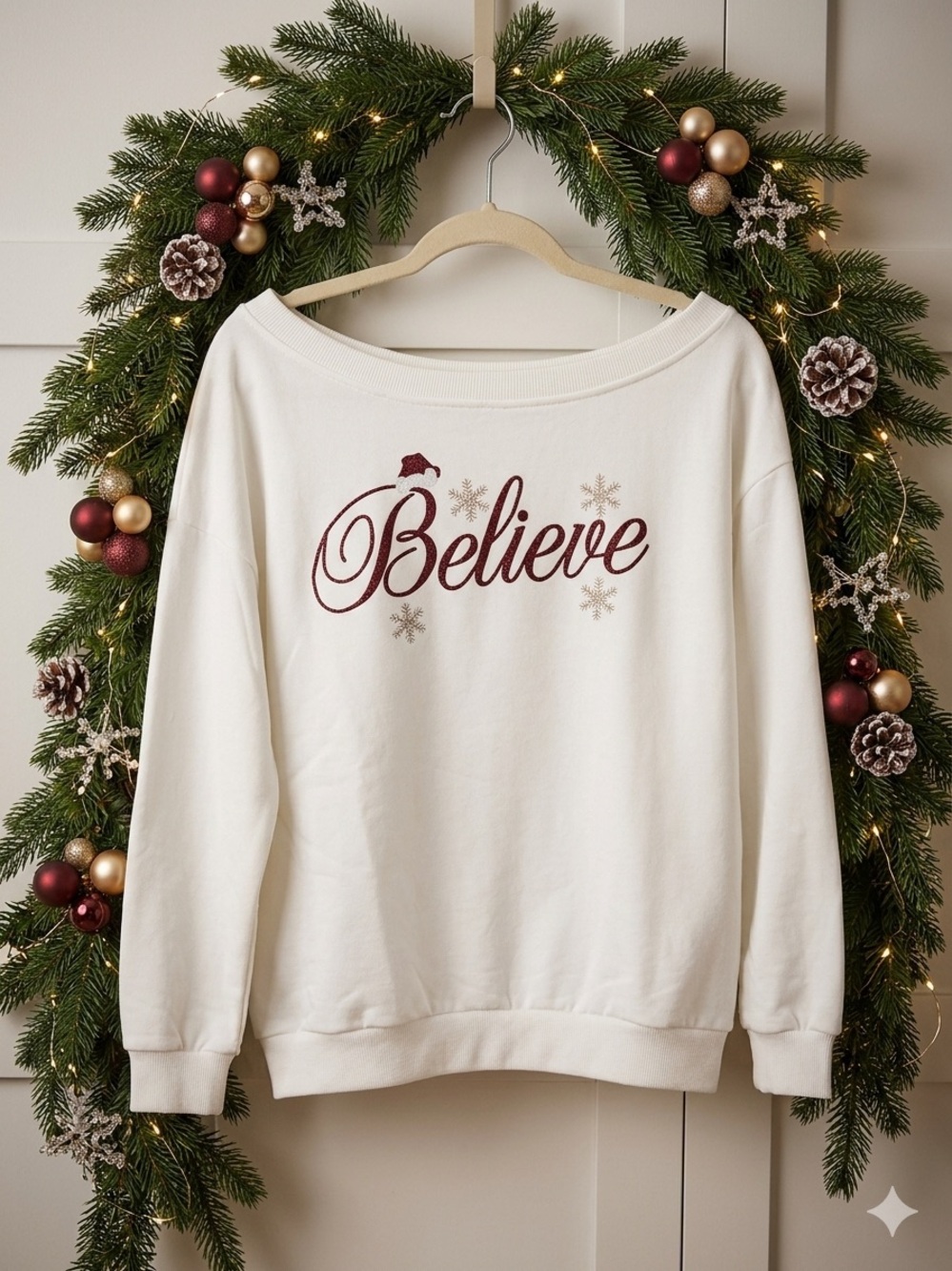 Off-Shoulder 'Believe' Holiday Sweatshirt - White